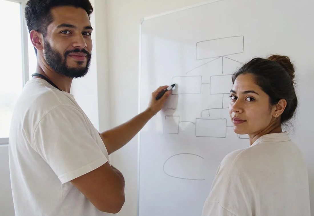 Dupla desenhando no quadro branco a estrutura de uma tese